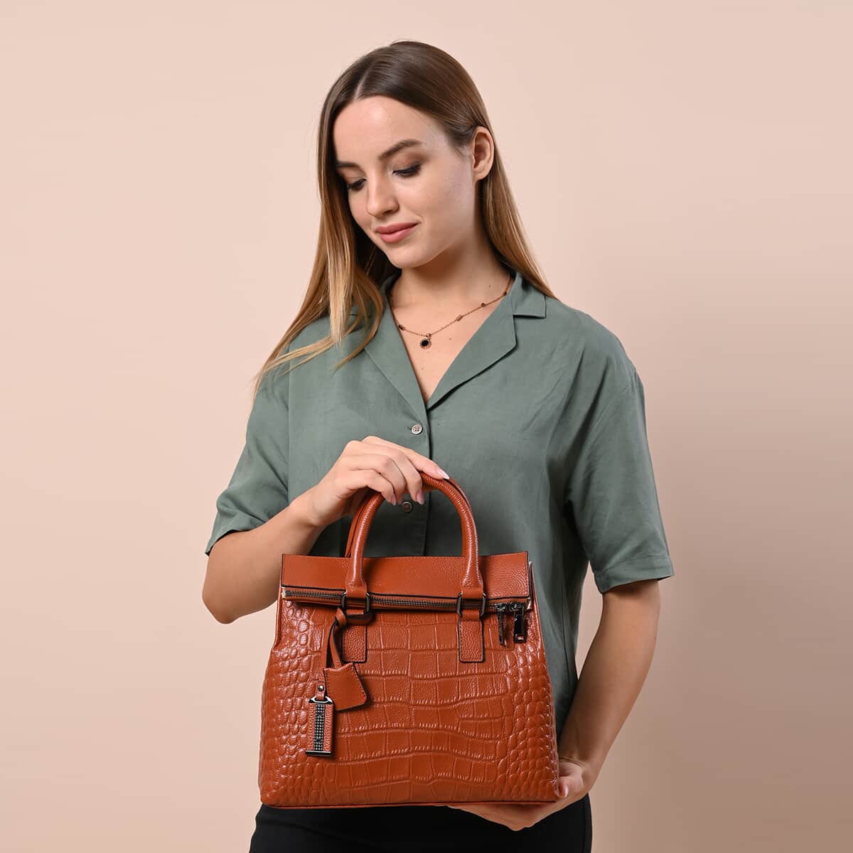Hong Kong Closeout Collection Brown Genuine Leather Crocodile Embossed Pattern Convertible Tote Bag image number 0