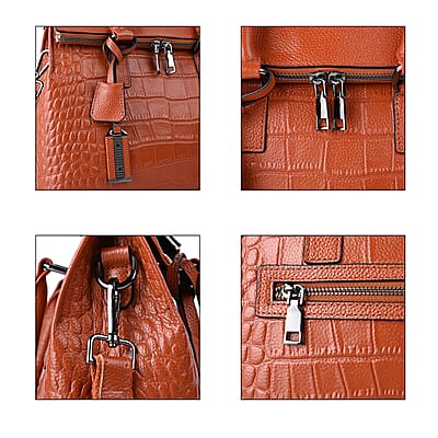 Hong Kong Closeout Collection Brown Genuine Leather Crocodile Embossed Pattern Convertible Tote Bag