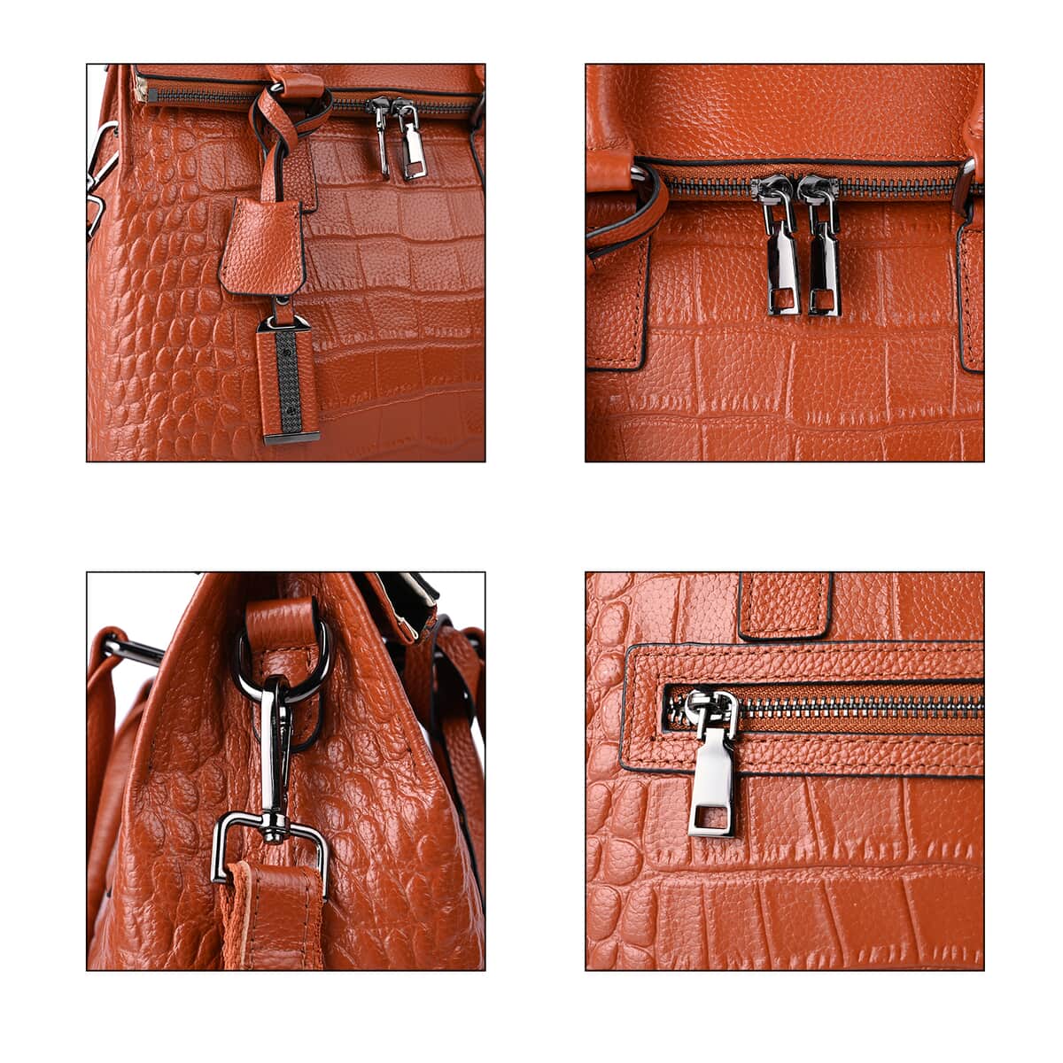 Hong Kong Closeout Collection Brown Genuine Leather Crocodile Embossed Pattern Convertible Tote Bag image number 2
