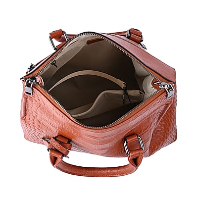 Hong Kong Closeout Collection Brown Genuine Leather Crocodile Embossed Pattern Convertible Tote Bag