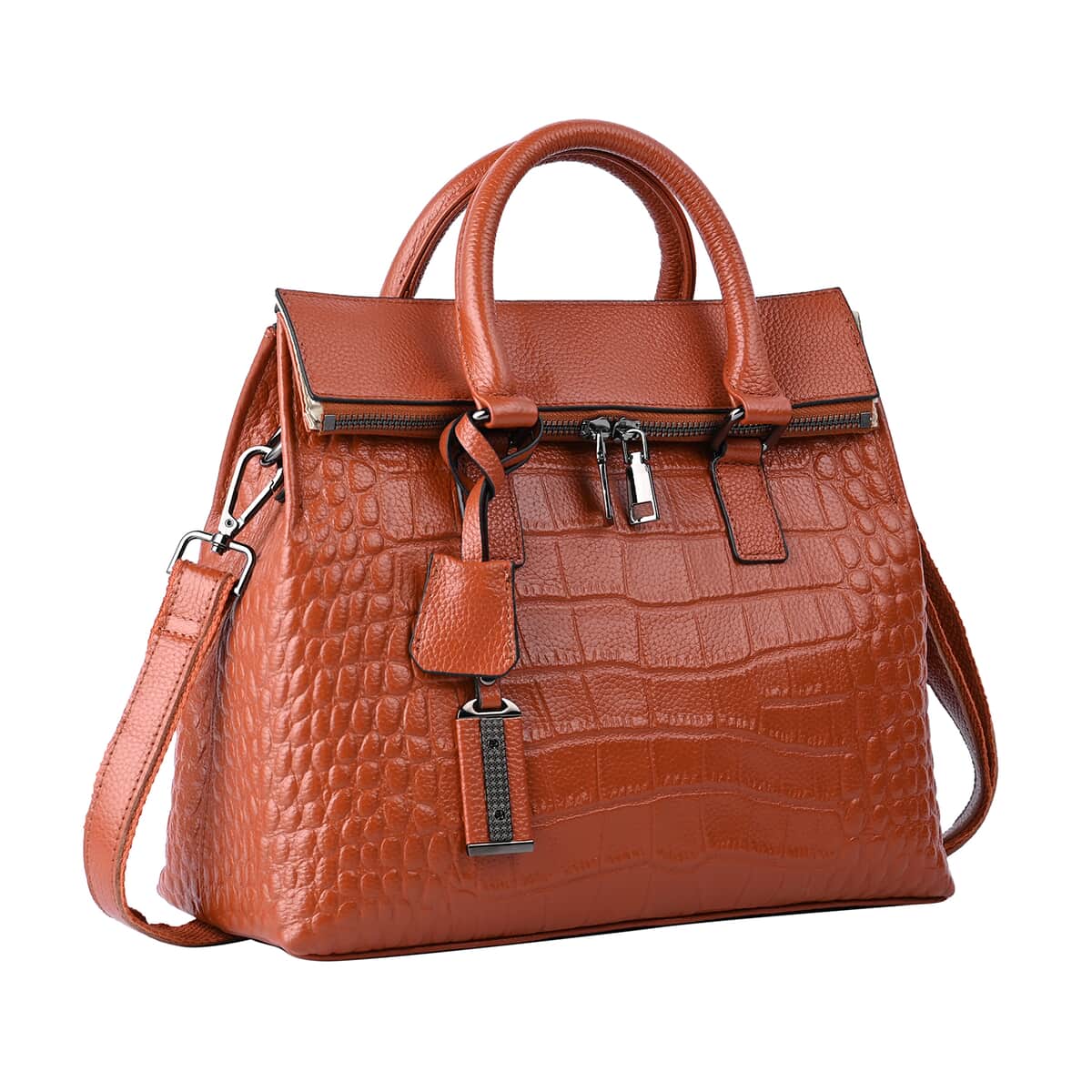 Hong Kong Closeout Collection Brown Genuine Leather Crocodile Embossed Pattern Convertible Tote Bag image number 4