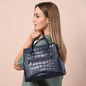 Hong Kong Closeout Collection Navy Genuine Leather Crocodile Embossed Pattern Convertible Tote Bag