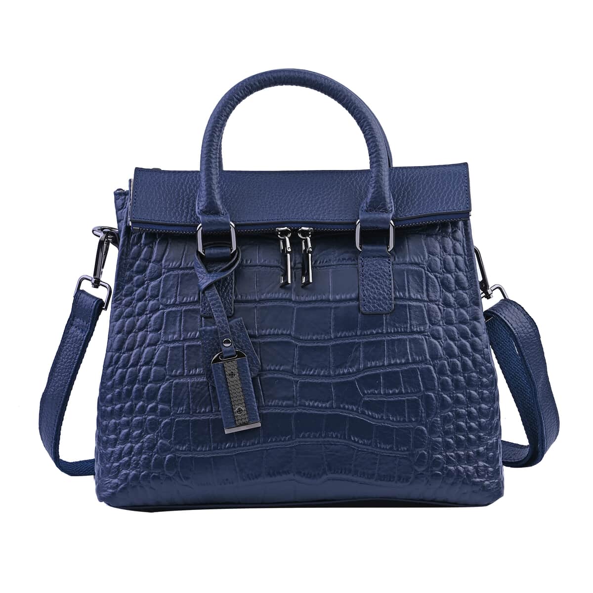 Hong Kong Closeout Collection Navy Genuine Leather Crocodile Embossed Pattern Convertible Tote Bag image number 3