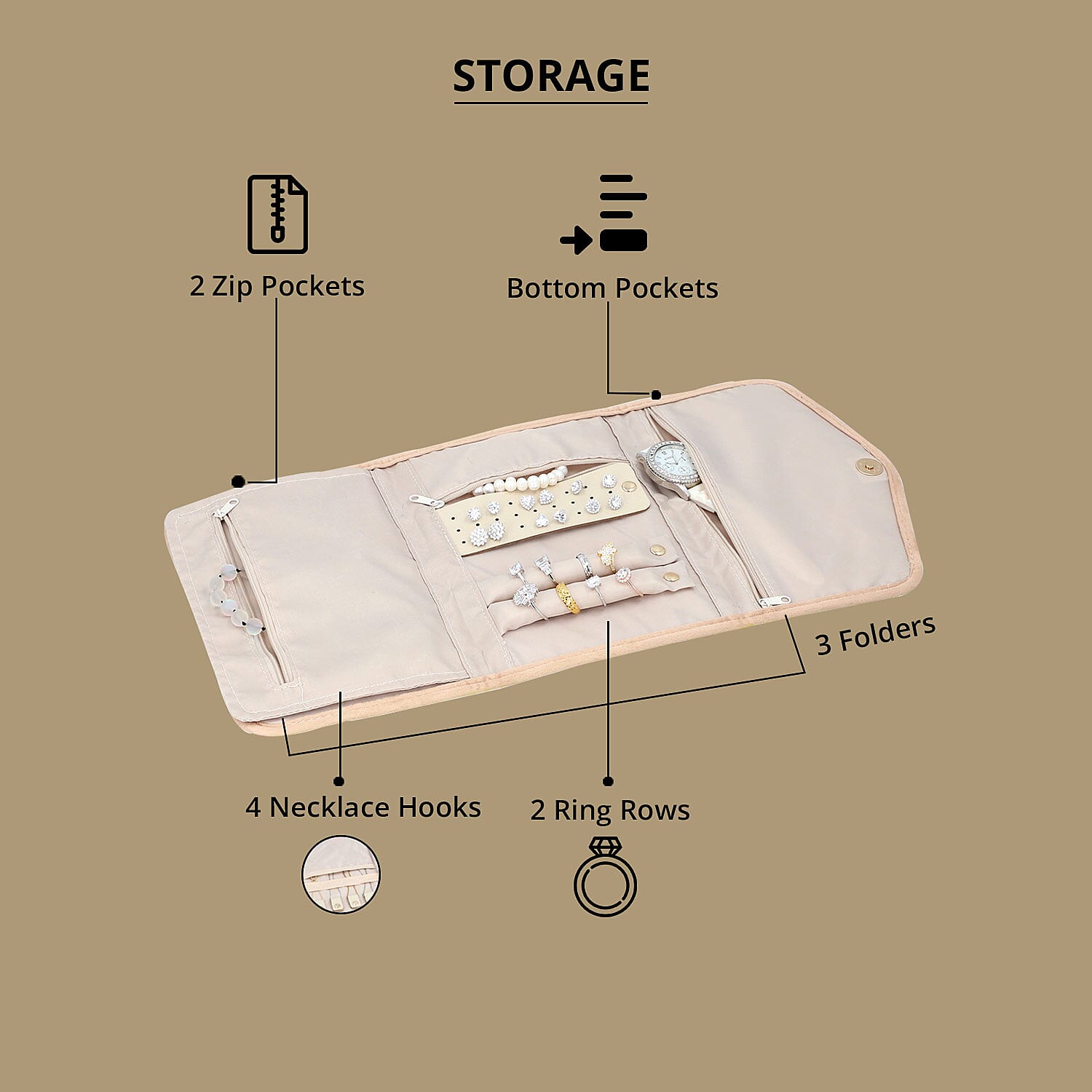 Beige Three Fold Jewelry Roll Organizer , Jewelry Organizer , Jewelry Holder , Travel Jewelry Case , Jewelry Storage