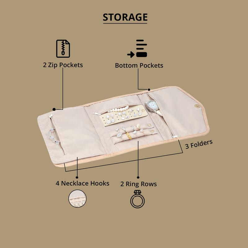 Beige Three Fold Jewelry Roll Organizer , Jewelry Organizer , Jewelry Holder , Travel Jewelry Case , Jewelry Storage