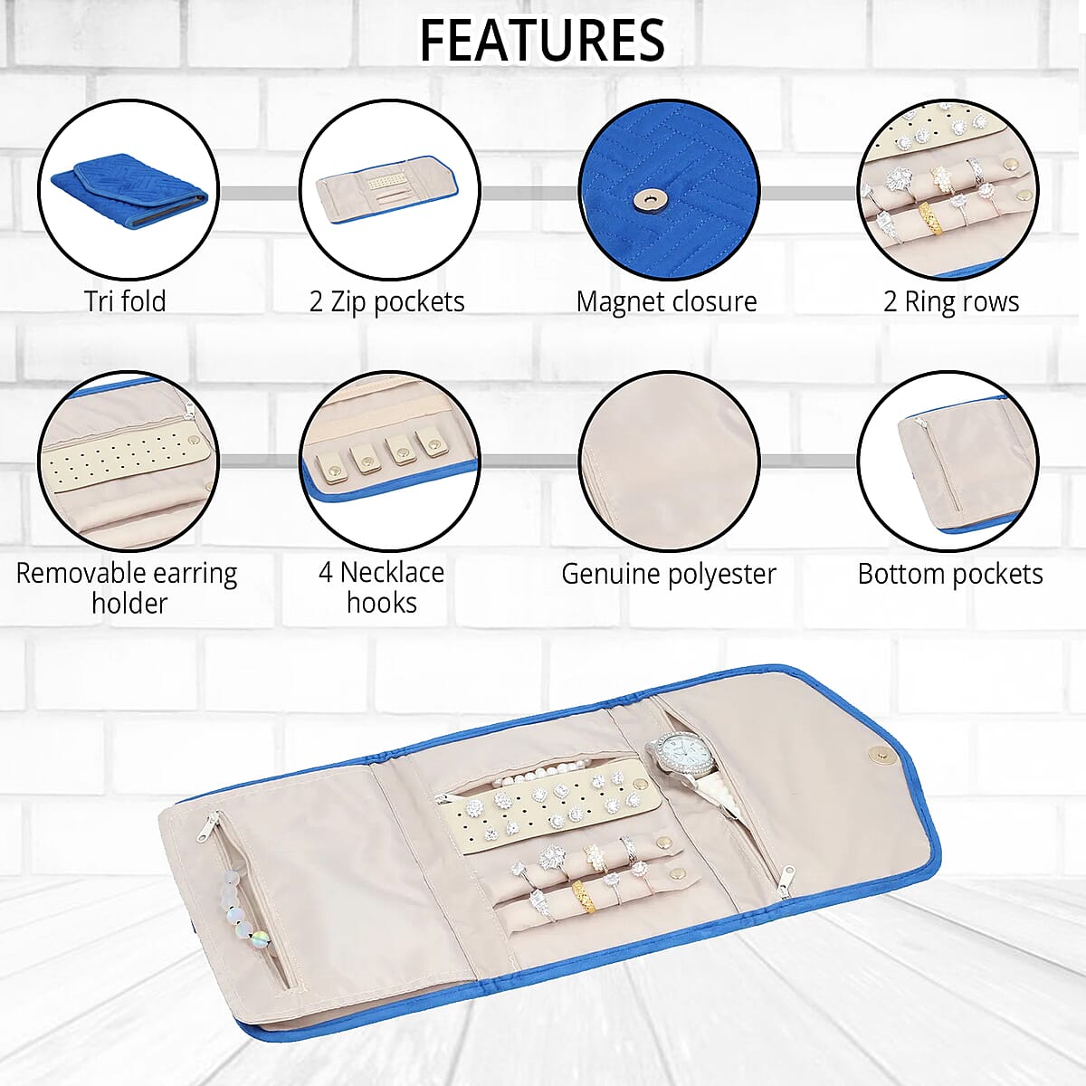 Navy Blue Three Fold Jewelry Roll Organizer, Jewelry Organizer, Jewelry Holder, Travel Jewelry Case, Jewelry Storage image number 1