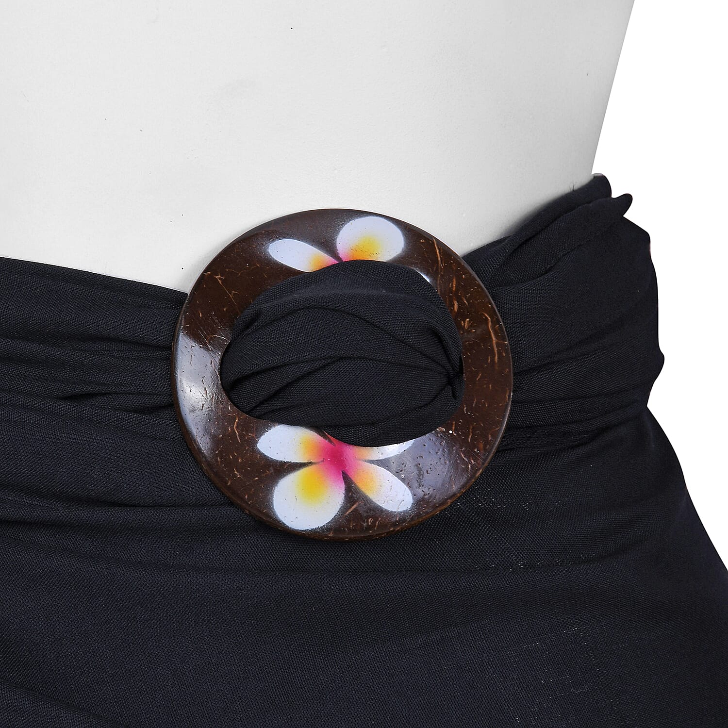 Black Sarong with Circle Plumeria Coconut Shell Closure & Fringe