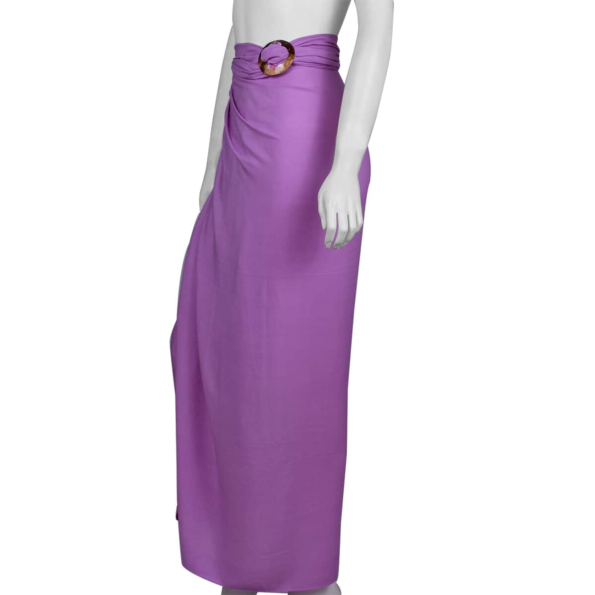 Purple Sarong with Fringe & Circle Pink Hibiscus Coconut Shell Closure | Women's Saron Wrap | Sarong Skirt | Beach Sarong Cover Up image number 2