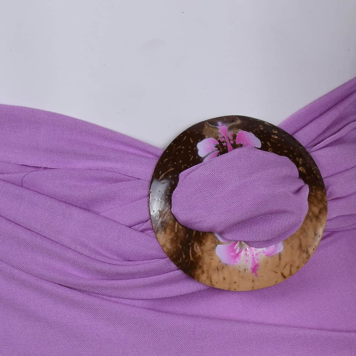 Purple Sarong with Fringe & Circle Pink Hibiscus Coconut Shell Closure | Women's Saron Wrap | Sarong Skirt | Beach Sarong Cover Up image number 3