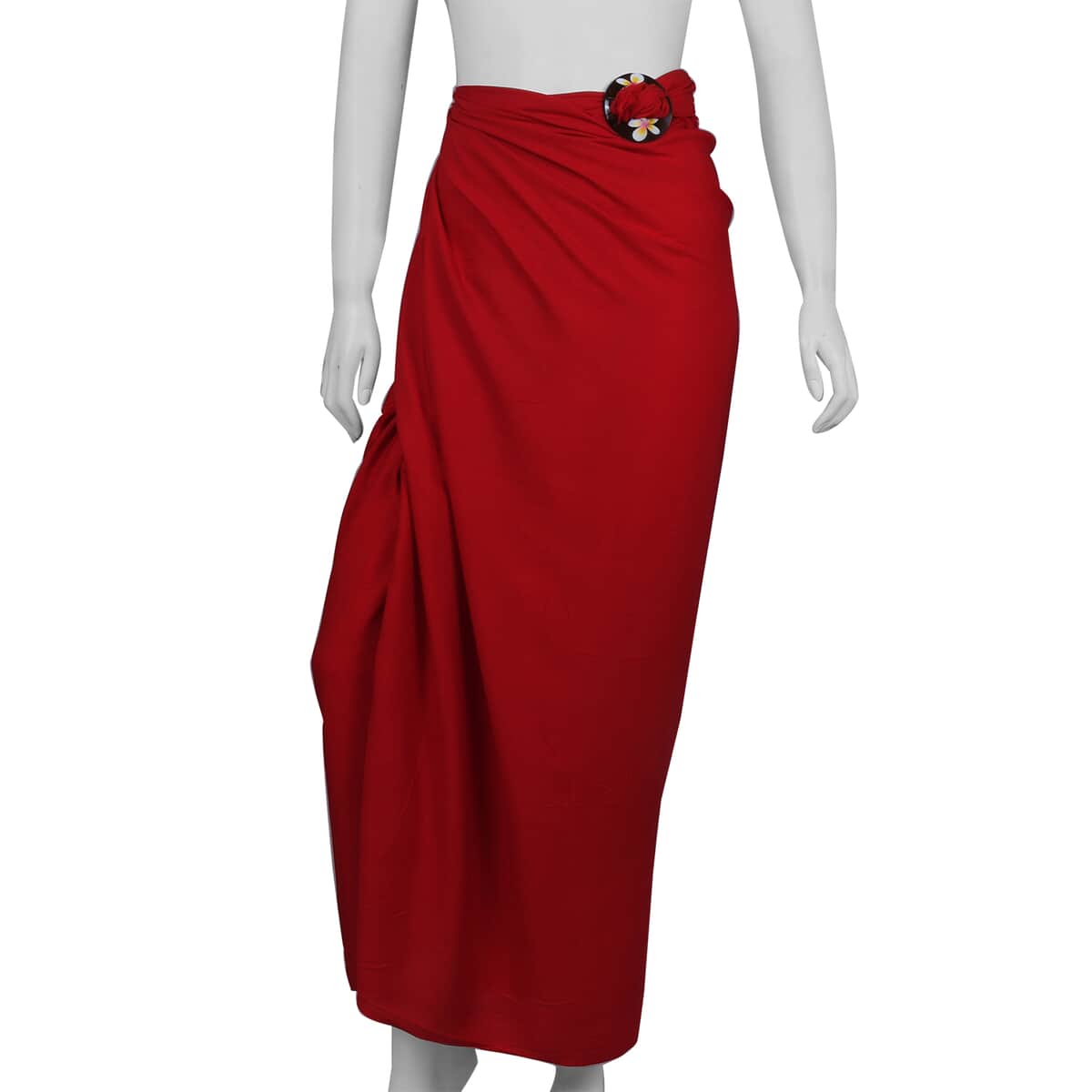 Red Sarong with Fringe & Circle Plumeria Coconut Shell Closure , Women's Saron Wrap , Sarong Skirt , Beach Sarong Cover Up image number 0
