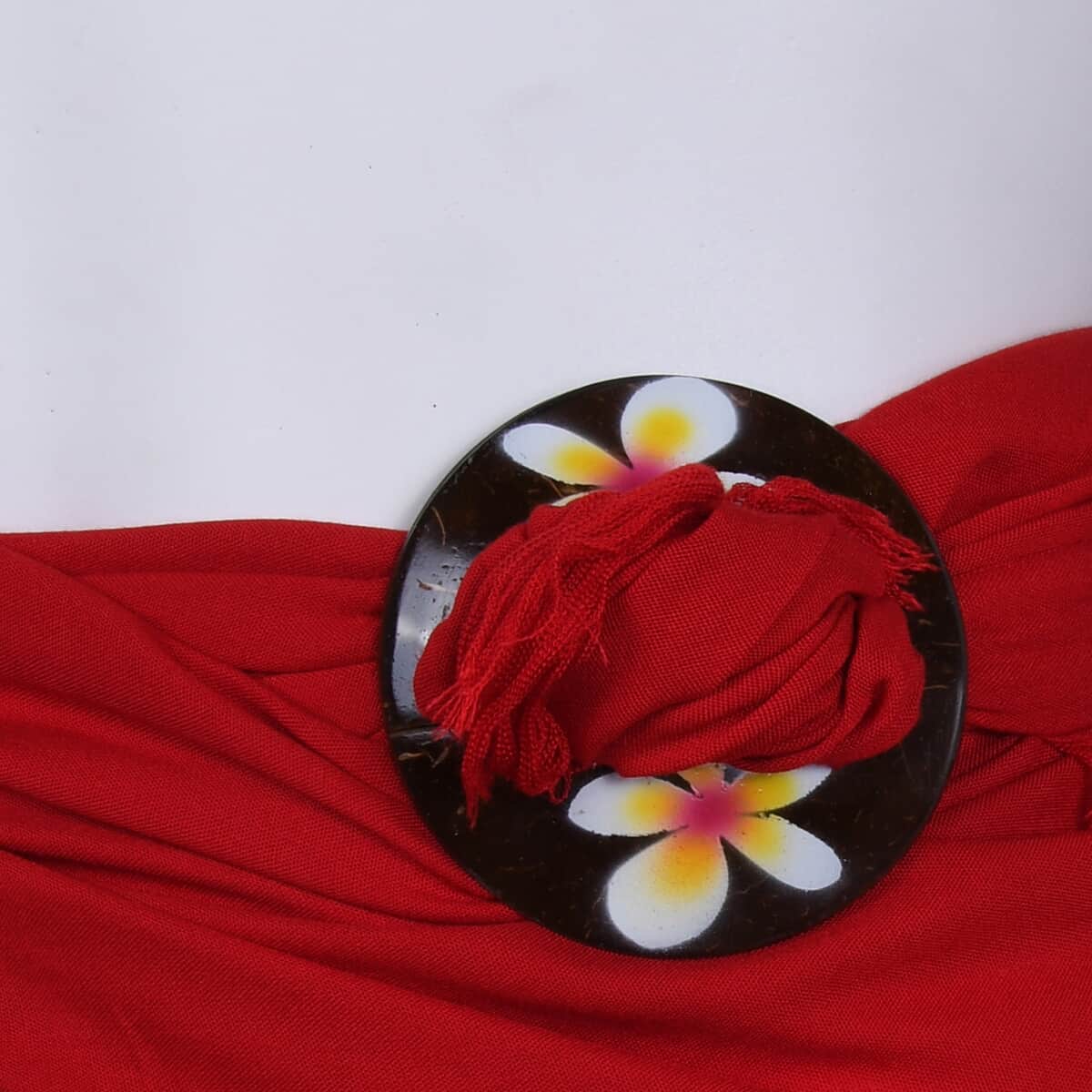 Red Sarong with Fringe & Circle Plumeria Coconut Shell Closure , Women's Saron Wrap , Sarong Skirt , Beach Sarong Cover Up image number 3