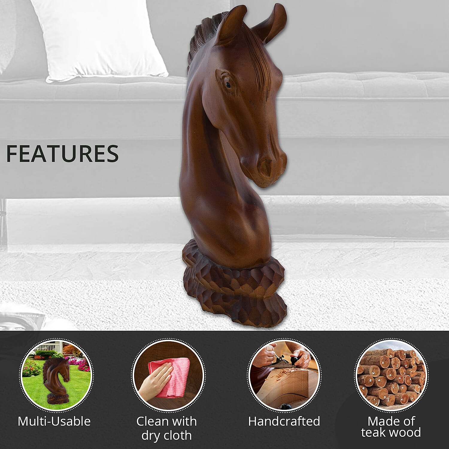 Handcrafted Wooden Horse Sculpture Stand on Globe