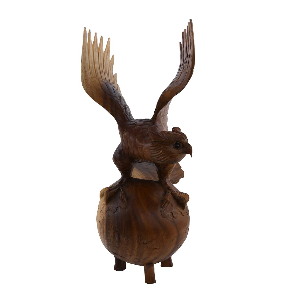 Handcrafted Wooden Owl Sculpture Stand on Globe image number 0