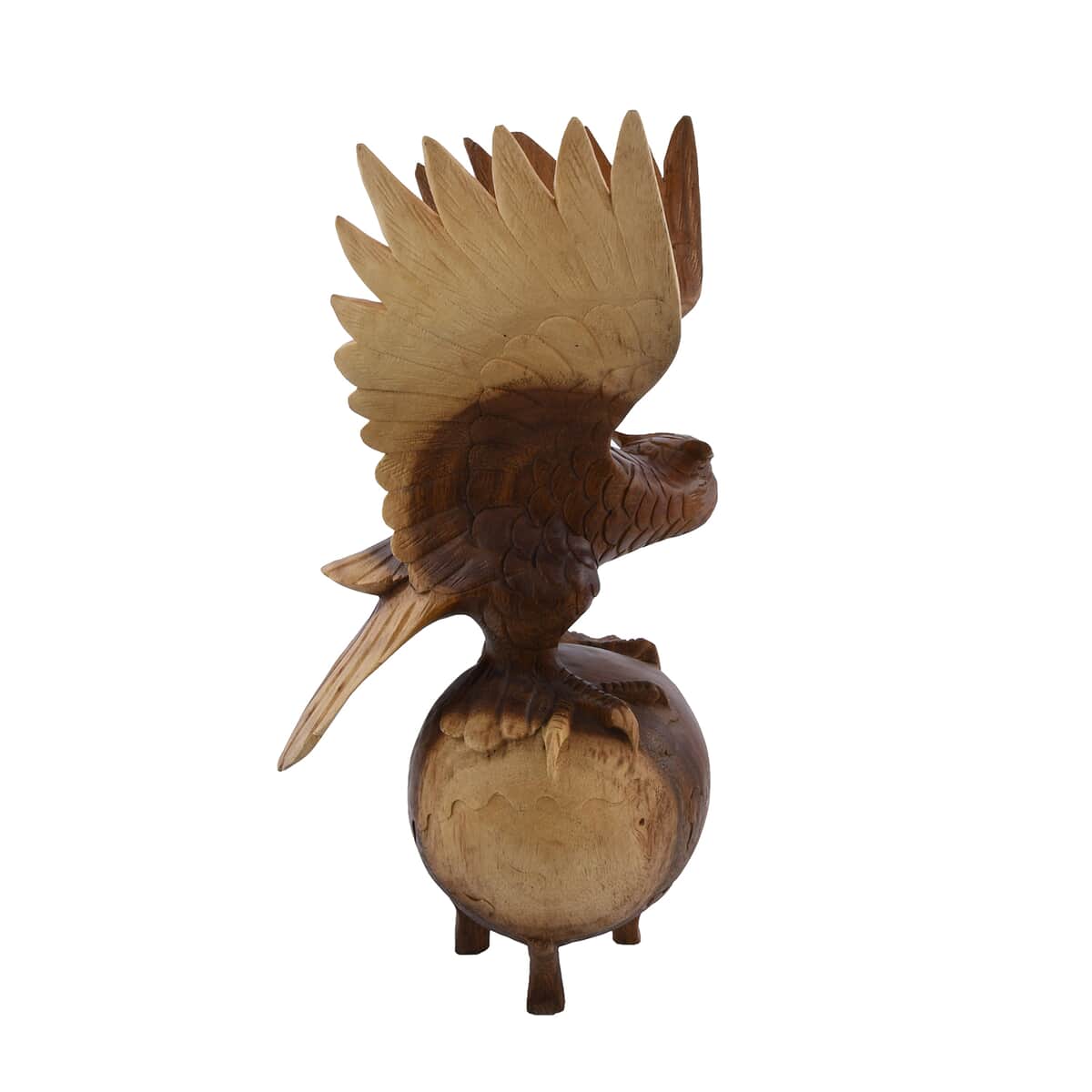 Handcrafted Wooden Owl Sculpture Stand on Globe image number 3