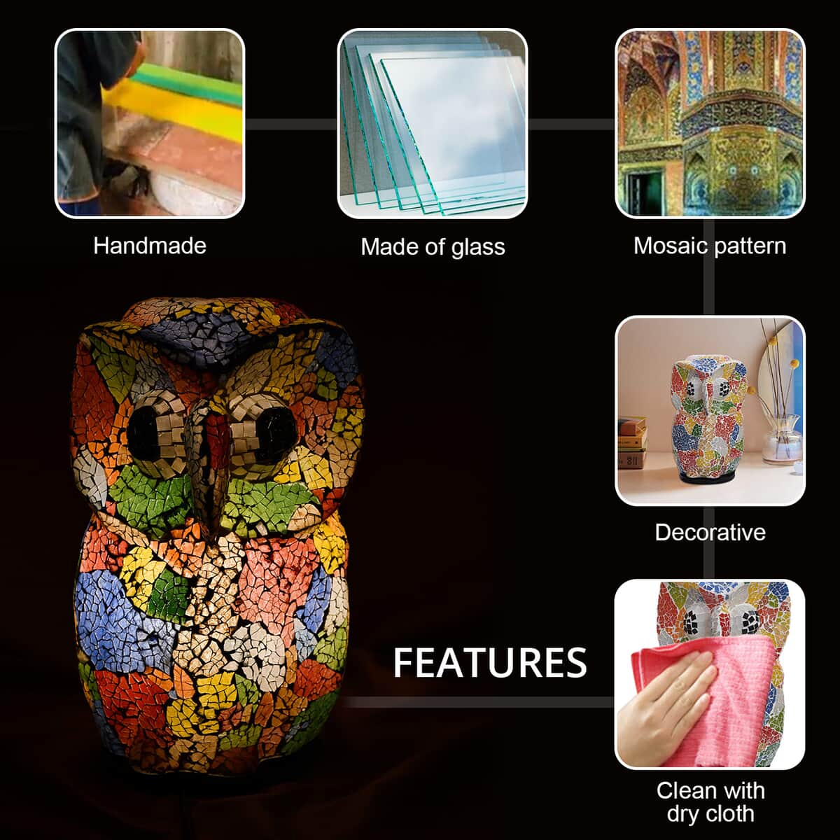 Multi Color Mosiac Glass Handmade Owl Lamp (7.09"x7.09"x11.81) image number 2