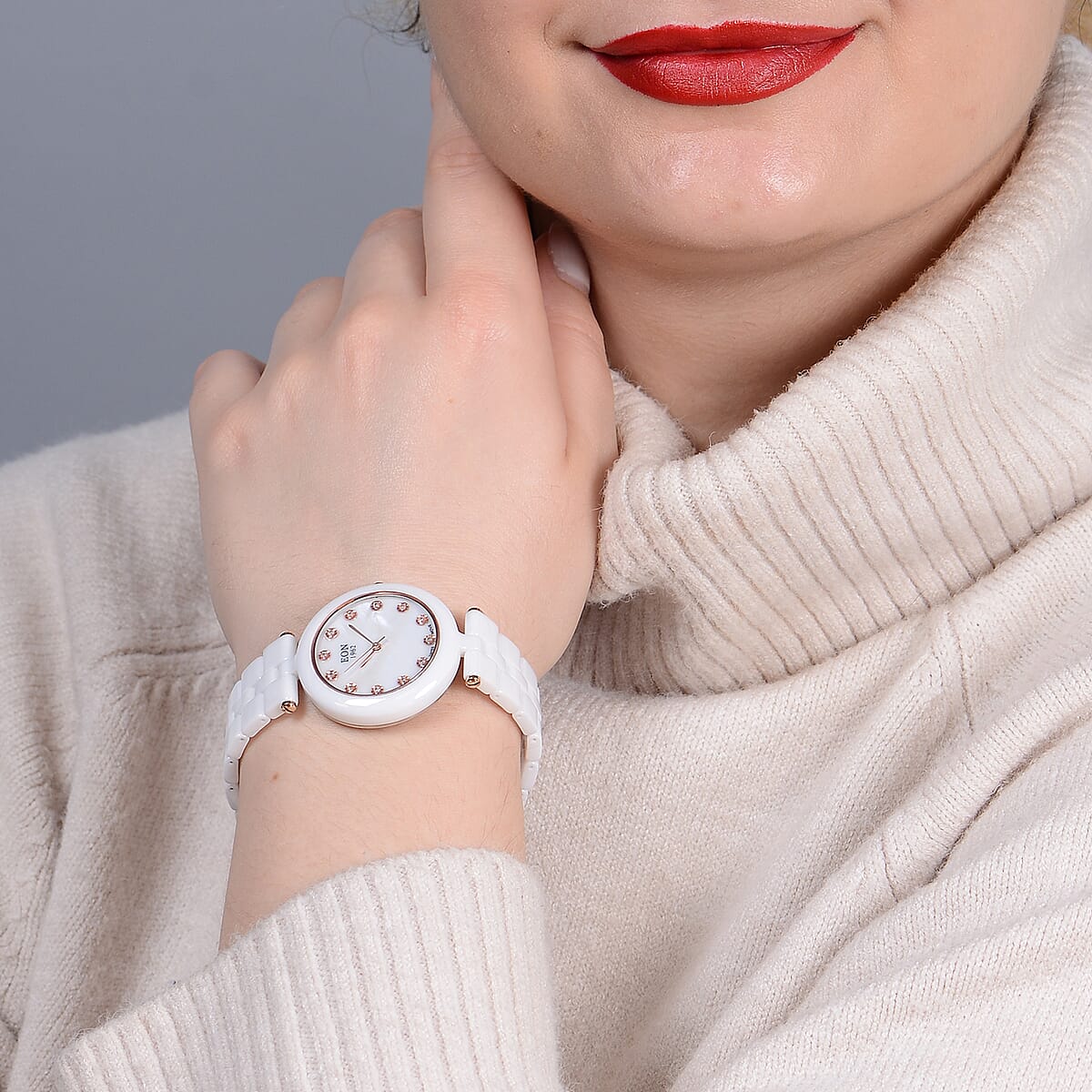 EON 1962 Diamond Swiss Movement MOP Dial Watch with White Ceramic Strap 0.10 ctw image number 1