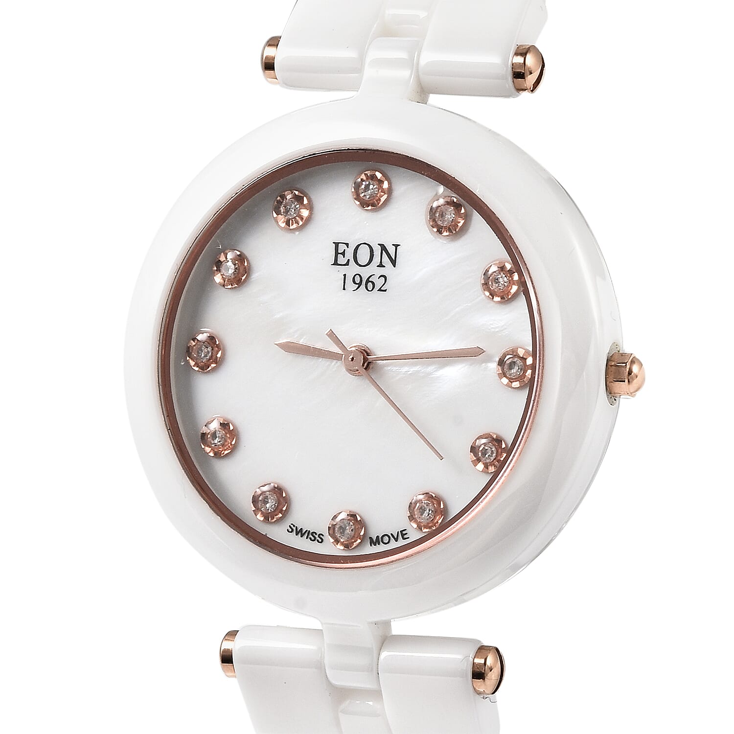EON 1962 Diamond Swiss Movement MOP Dial Watch with White Ceramic Strap 0.10 ctw