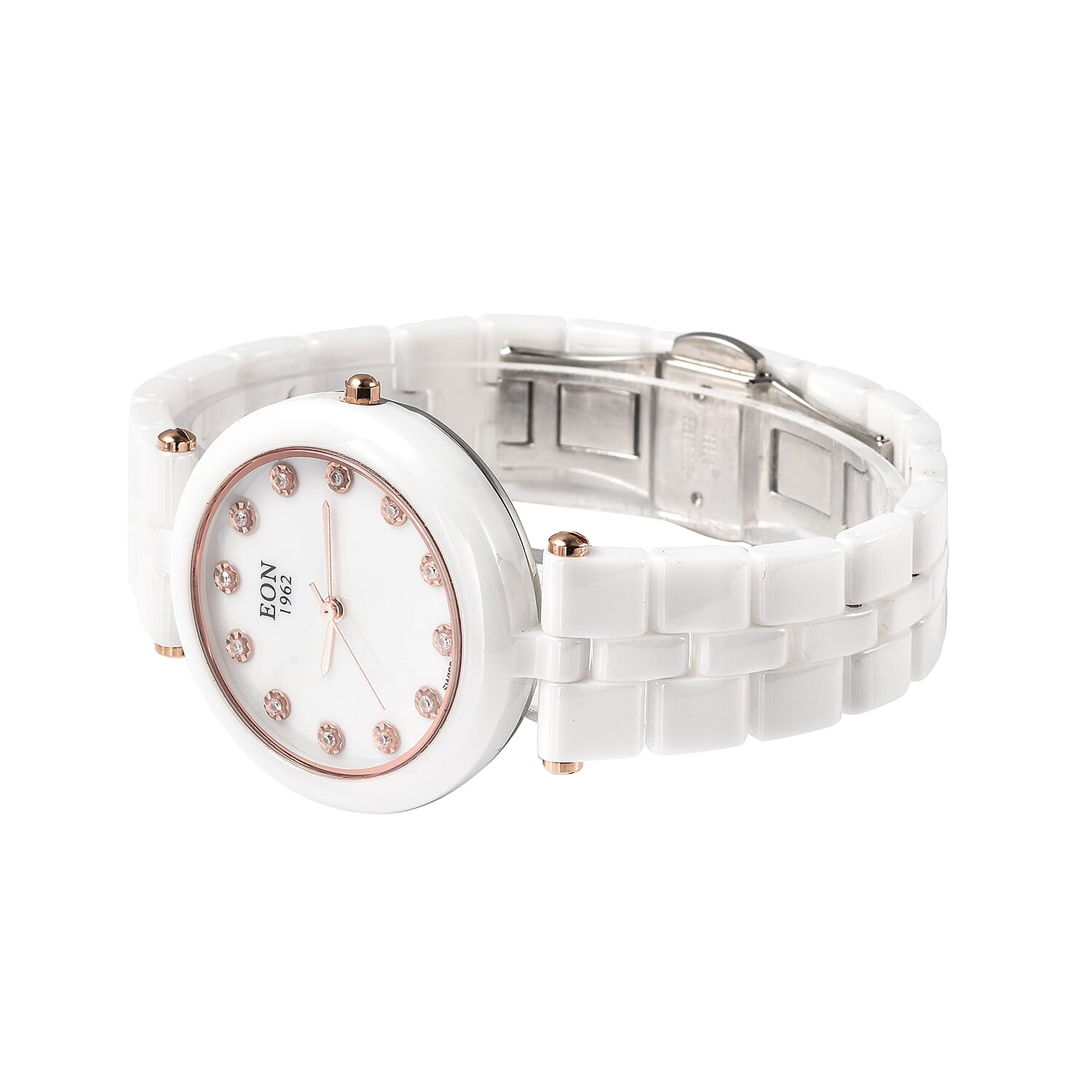EON 1962 Diamond Swiss Movement MOP Dial Watch with White Ceramic Strap 0.10 ctw