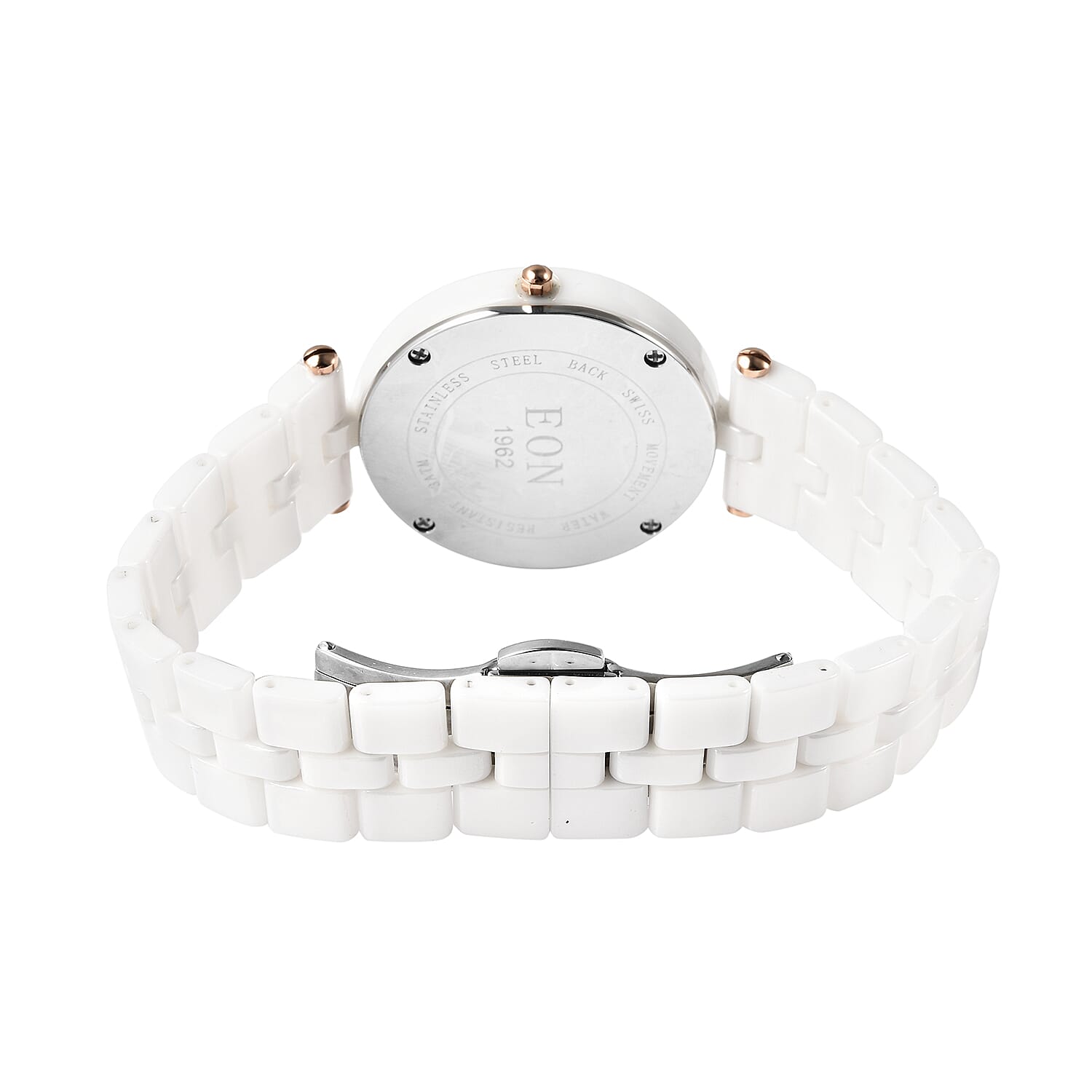 EON 1962 Diamond Swiss Movement MOP Dial Watch with White Ceramic Strap 0.10 ctw