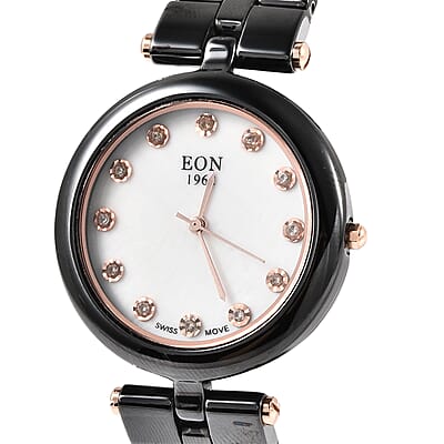 Eon 1962 Natural Champagne Diamond Swiss Movement Watch with Black Ceramic Strap 0.10 ctw