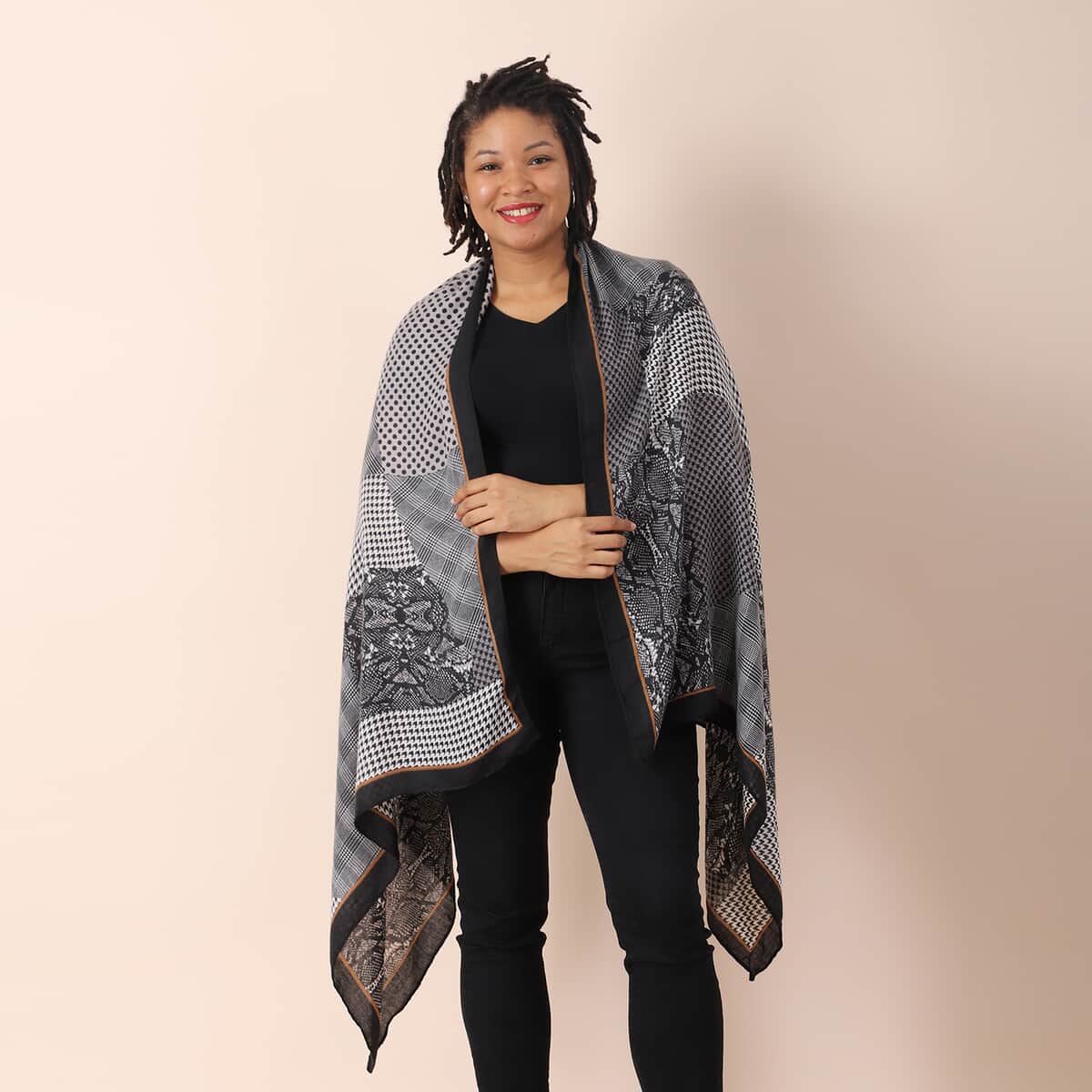 Gray Multi Leopard, Splicing and Polka Dot Pattern Cotton & Linen Scarf (35x70) image number 1