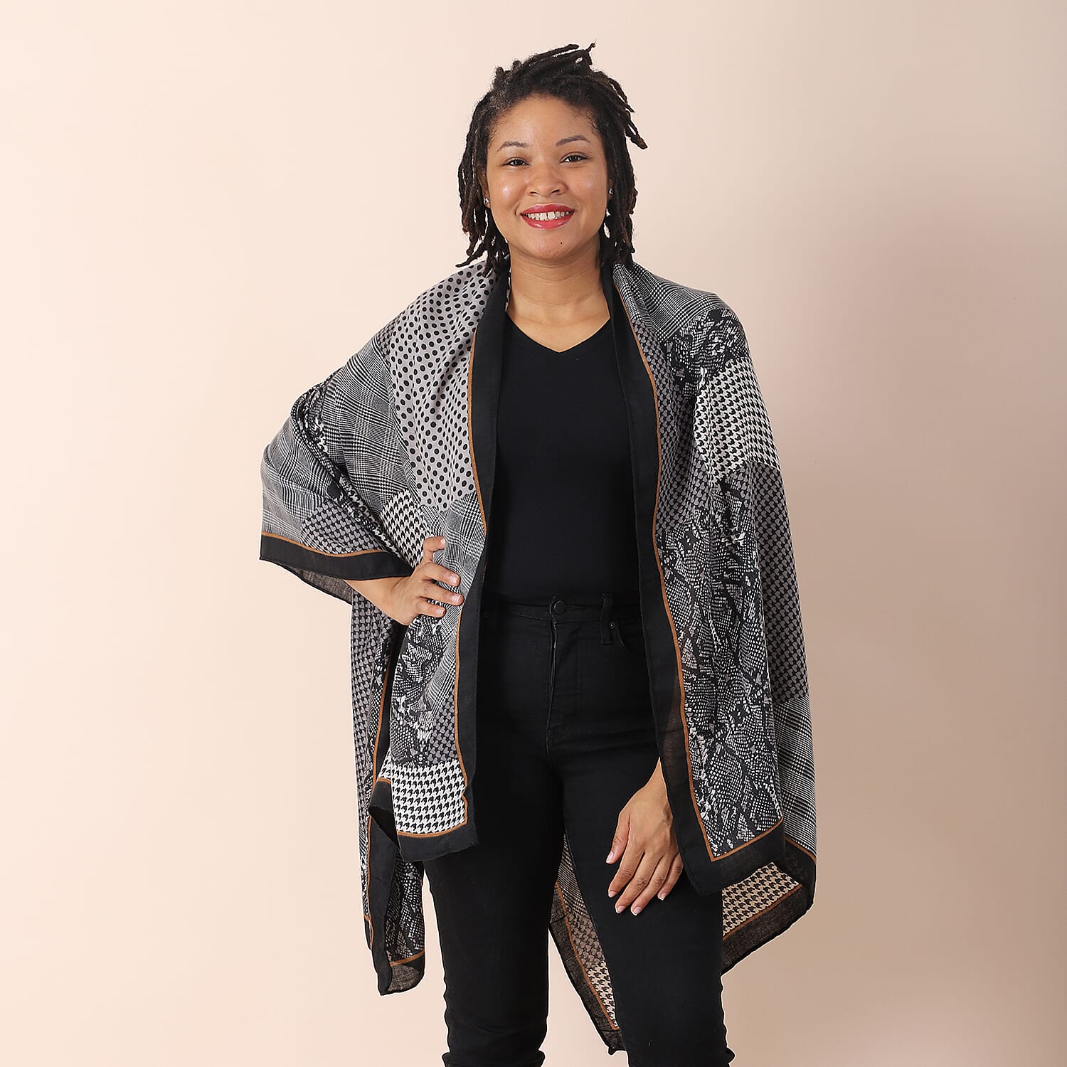 Gray Multi Cheetah Splicing Pattern Cotton & Linen Scarf