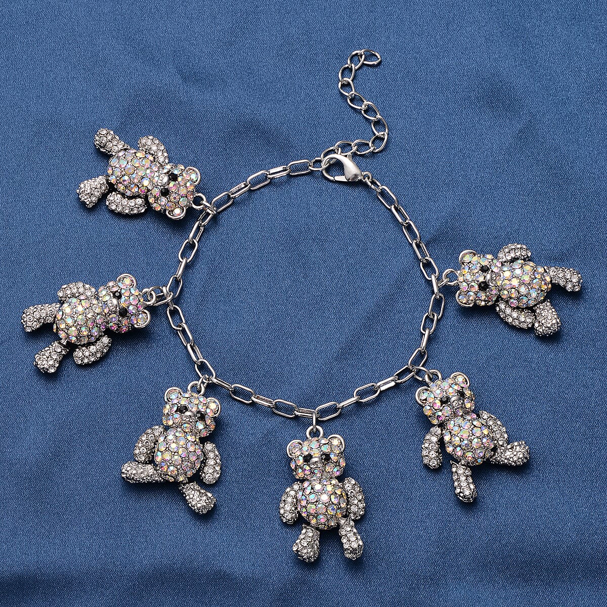 White and Black Austrian Crystal Teddy Bear Charms Bracelet in Silvertone (7.50 In) image number 1