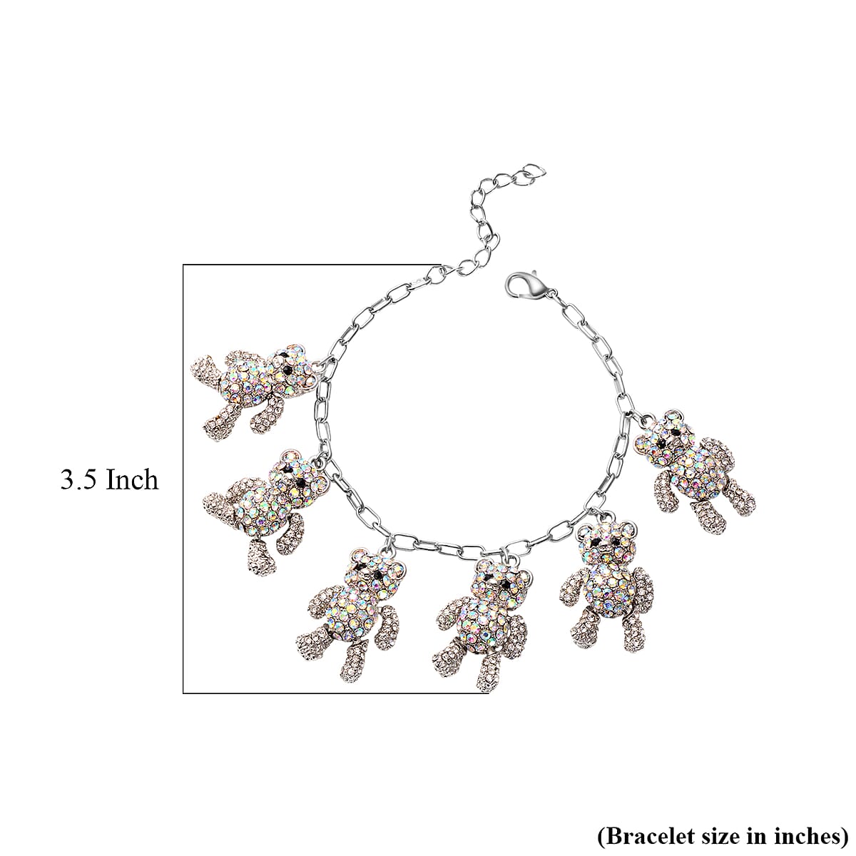 White and Black Austrian Crystal Teddy Bear Charms Bracelet in Silvertone (7.50 In) image number 2