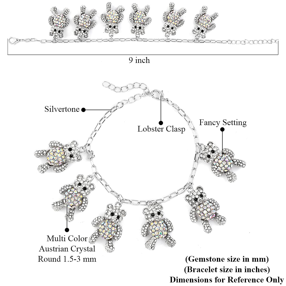 White and Black Austrian Crystal Teddy Bear Charms Bracelet in Silvertone (7.50 In) image number 3