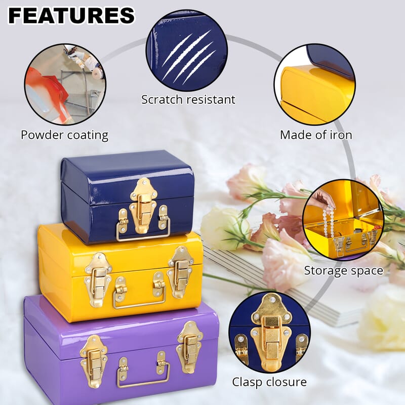 Set of 3 Multicolor Storage Trunk with Two Clasps and Handle , Storage Box , Iron Storage , Under Bed Storage , Indoor Outdoor Storage Boxes