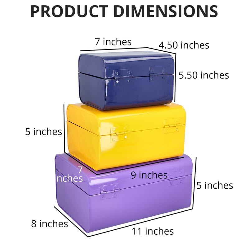 Set of 3 Multicolor Storage Trunk with Two Clasps and Handle , Storage Box , Iron Storage , Under Bed Storage , Indoor Outdoor Storage Boxes