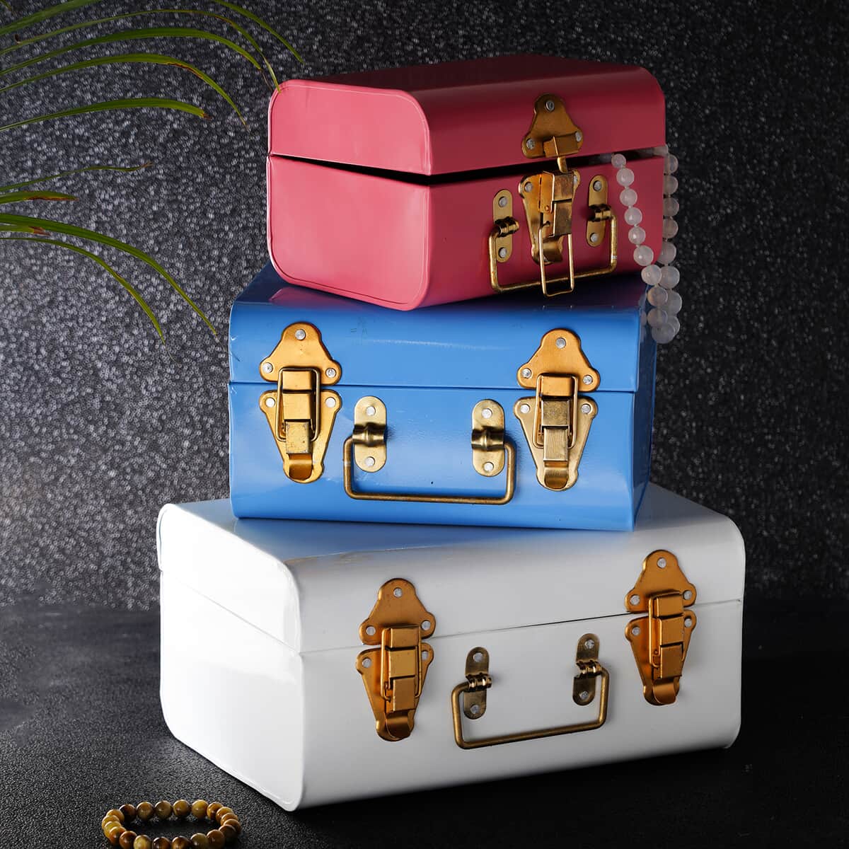 Set of 3 Multicolor Storage Trunk with Two Clasps and Handle , Storage Box , Iron Storage , Under Bed Storage , Indoor Outdoor Storage Boxes image number 1
