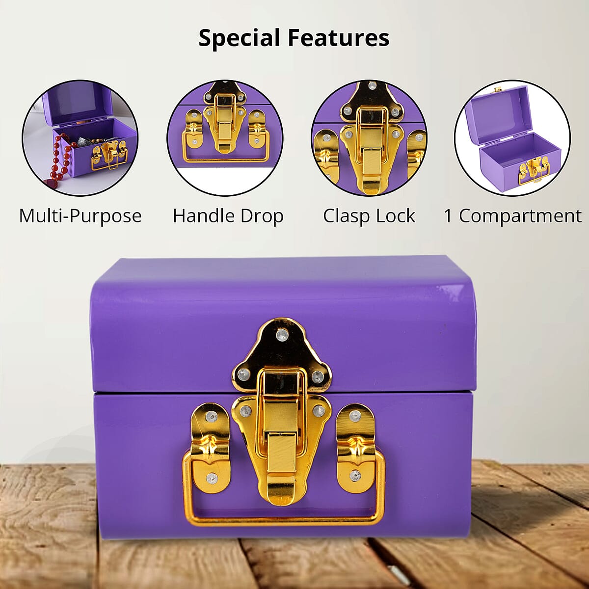 Purple Vintage Style Plain Colored Metal Storage Trunk with Clasp Lock and Handle Drop image number 1