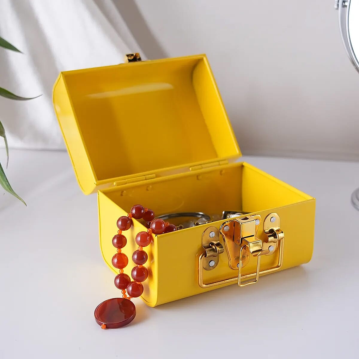 Yellow Vintage Style Plain Colored Metal Storage Trunk with Clasp Lock and Handle Drop image number 1