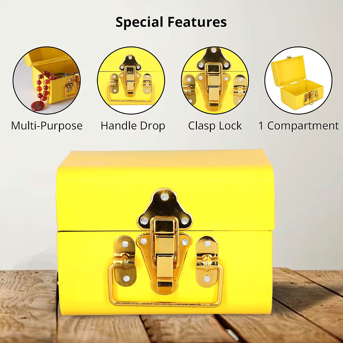 Yellow Vintage Style Plain Colored Metal Storage Trunk with Clasp Lock and Handle Drop image number 2