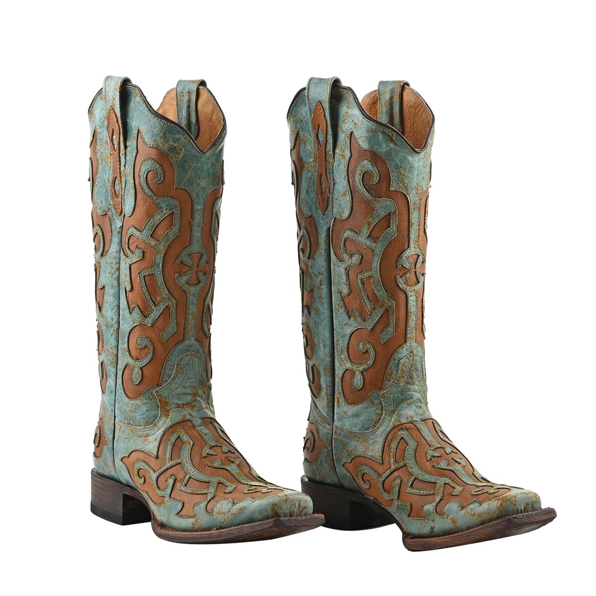 TANNER MARK 100% Genuine Leather Western Style Square Toe Boot with Glitter Lace Design - Turquoise/Cognac - Size 10.5 image number 0