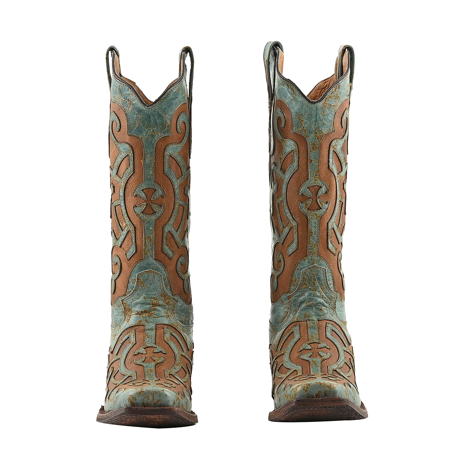 TANNER MARK 100% Genuine Leather Western Style Square Toe Boot with Glitter Lace Design - Turquoise/Cognac - Size 10.5