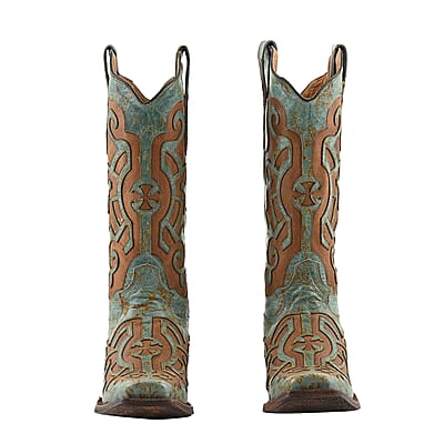 TANNER MARK 100% Genuine Leather Western Style Square Toe Boot with Glitter Lace Design - Turquoise/Cognac - Size 10.5