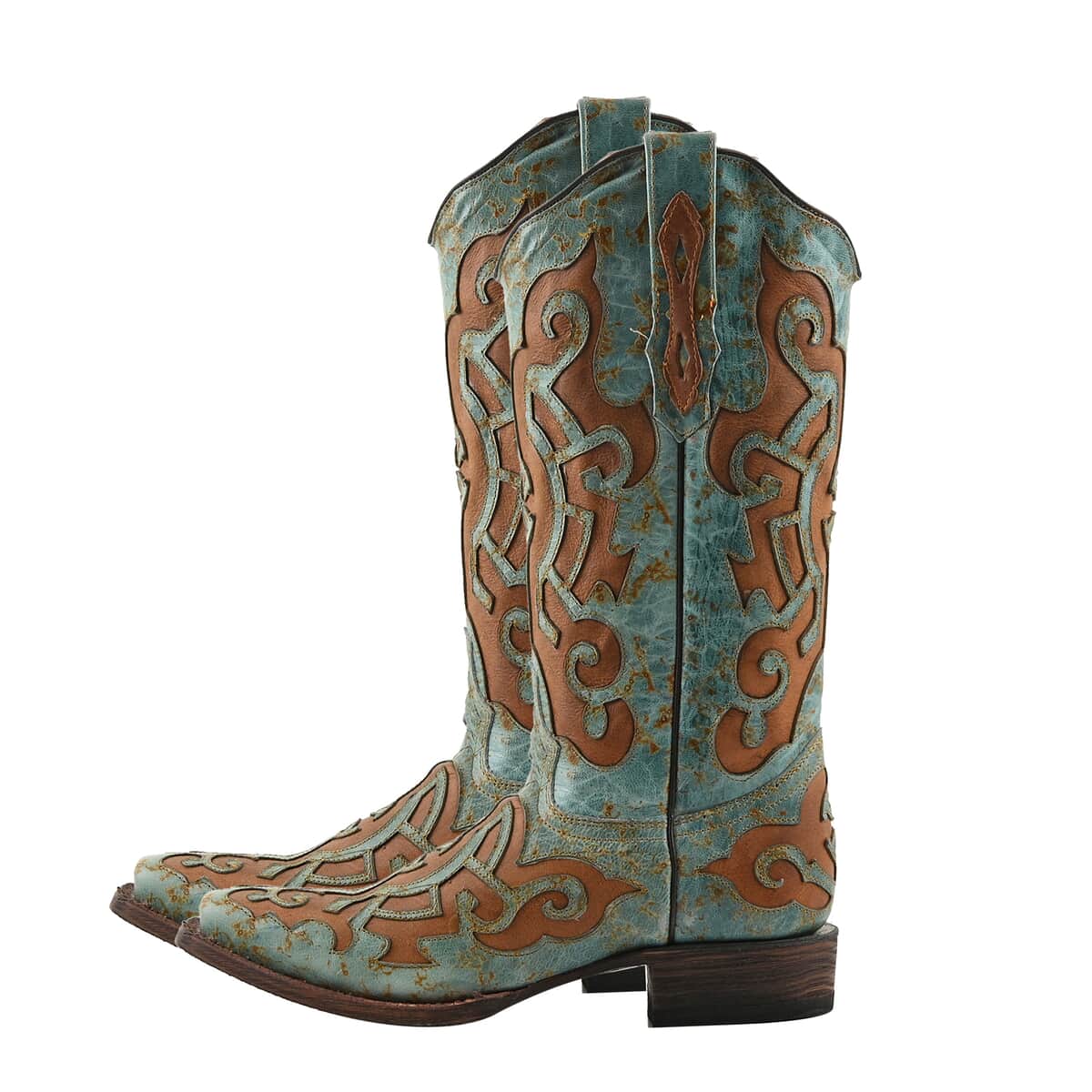 TANNER MARK 100% Genuine Leather Western Style Square Toe Boot with Glitter Lace Design - Turquoise/Cognac - Size 10.5 image number 2