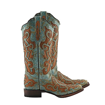 TANNER MARK 100% Genuine Leather Western Style Square Toe Boot with Glitter Lace Design - Turquoise/Cognac - Size 10.5