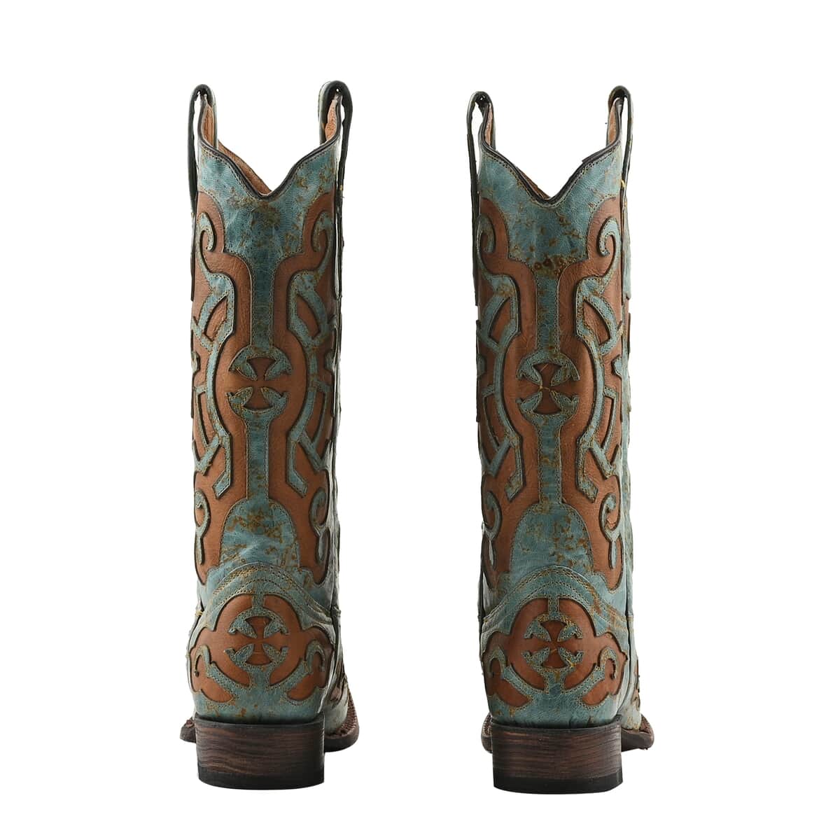 TANNER MARK 100% Genuine Leather Western Style Square Toe Boot with Glitter Lace Design - Turquoise/Cognac - Size 10.5 image number 4