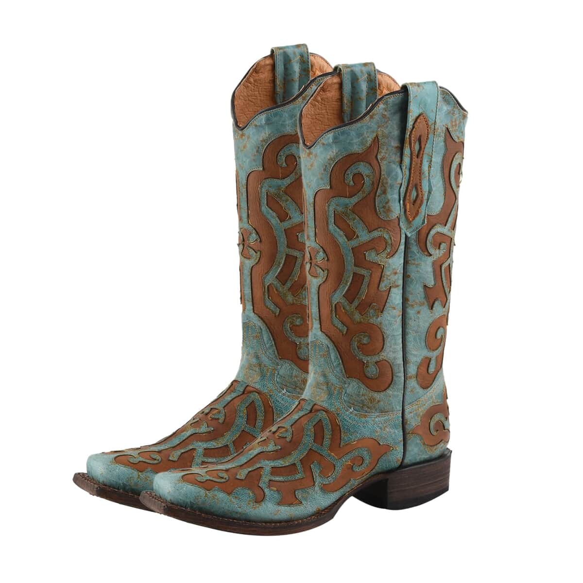 TANNER MARK 100% Genuine Leather Western Style Square Toe Boot with Glitter Lace Design - Turquoise/Cognac - Size 5.5 image number 0