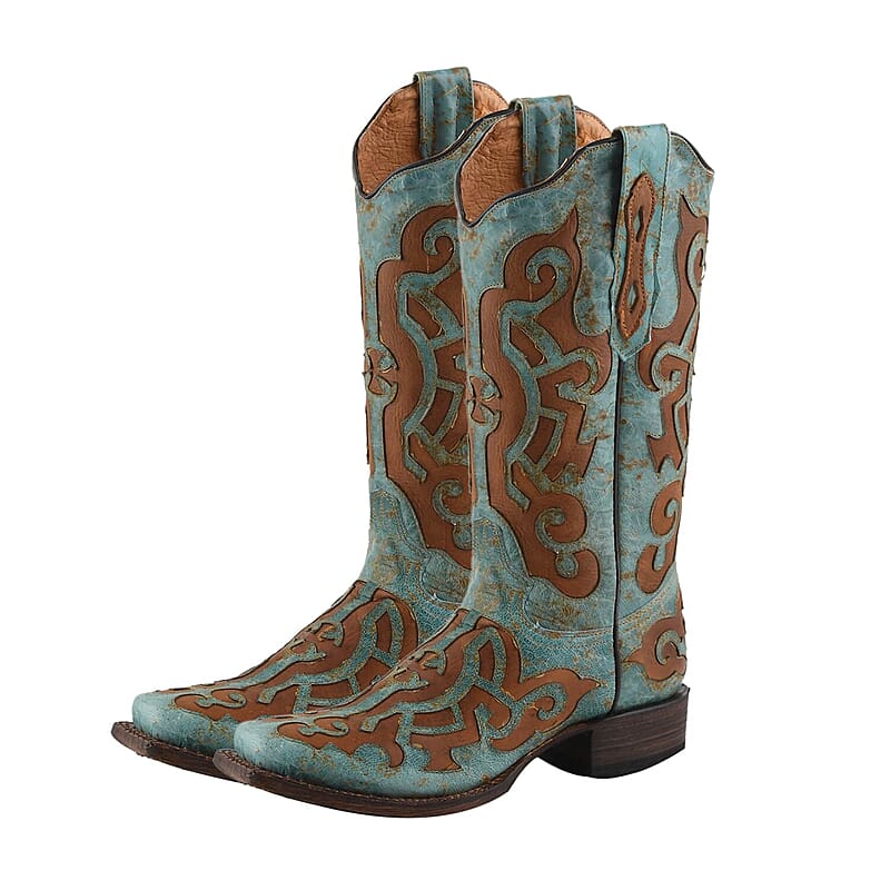 TANNER MARK 100% Genuine Leather Western Style Square Toe Boot with Glitter Lace Design - Turquoise/Cognac - Size 5.5
