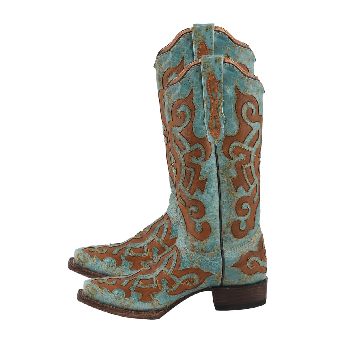 TANNER MARK 100% Genuine Leather Western Style Square Toe Boot with Glitter Lace Design - Turquoise/Cognac - Size 5.5 image number 1