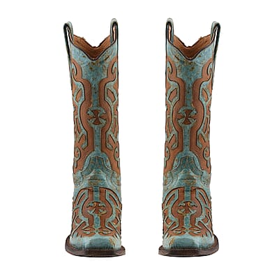 TANNER MARK 100% Genuine Leather Western Style Square Toe Boot with Glitter Lace Design - Turquoise/Cognac - Size 5.5