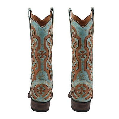 TANNER MARK 100% Genuine Leather Western Style Square Toe Boot with Glitter Lace Design - Turquoise/Cognac - Size 5.5
