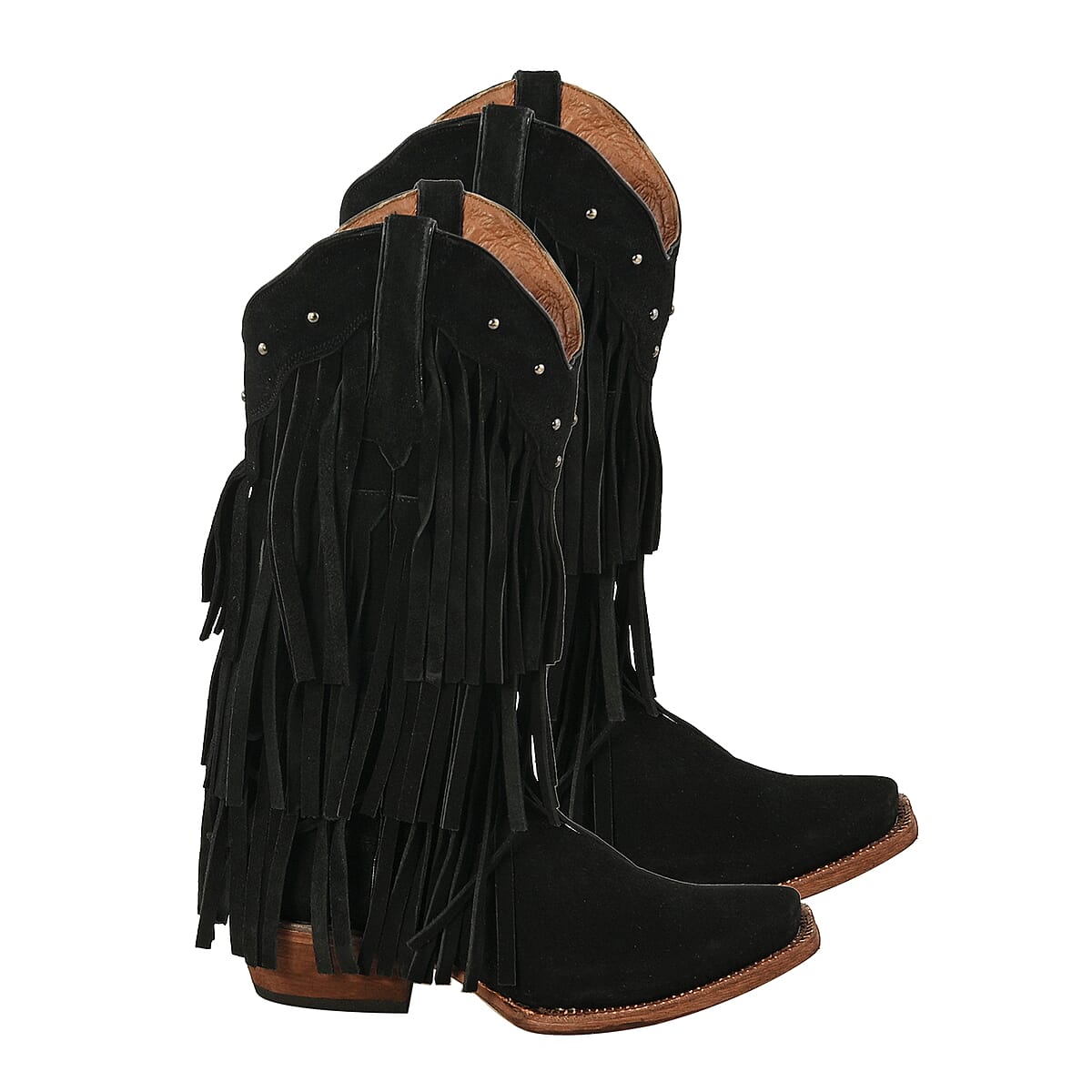 TANNER MARK 100% Genuine Suede Leather Western Style Square Toe Boot with Fringe - Black - Size 7.5 image number 1