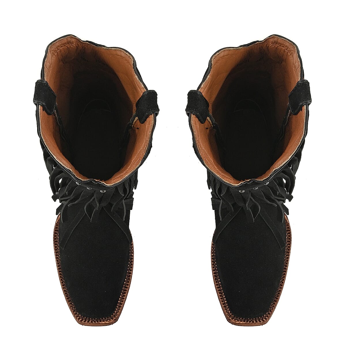 TANNER MARK 100% Genuine Suede Leather Western Style Square Toe Boot with Fringe - Black - Size 7.5 image number 3
