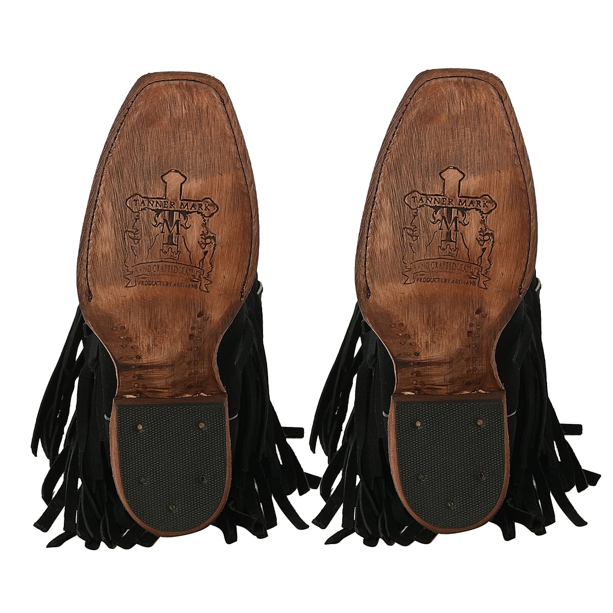 TANNER MARK 100% Genuine Suede Leather Western Style Square Toe Boot with Fringe - Black - Size 7.5 image number 4