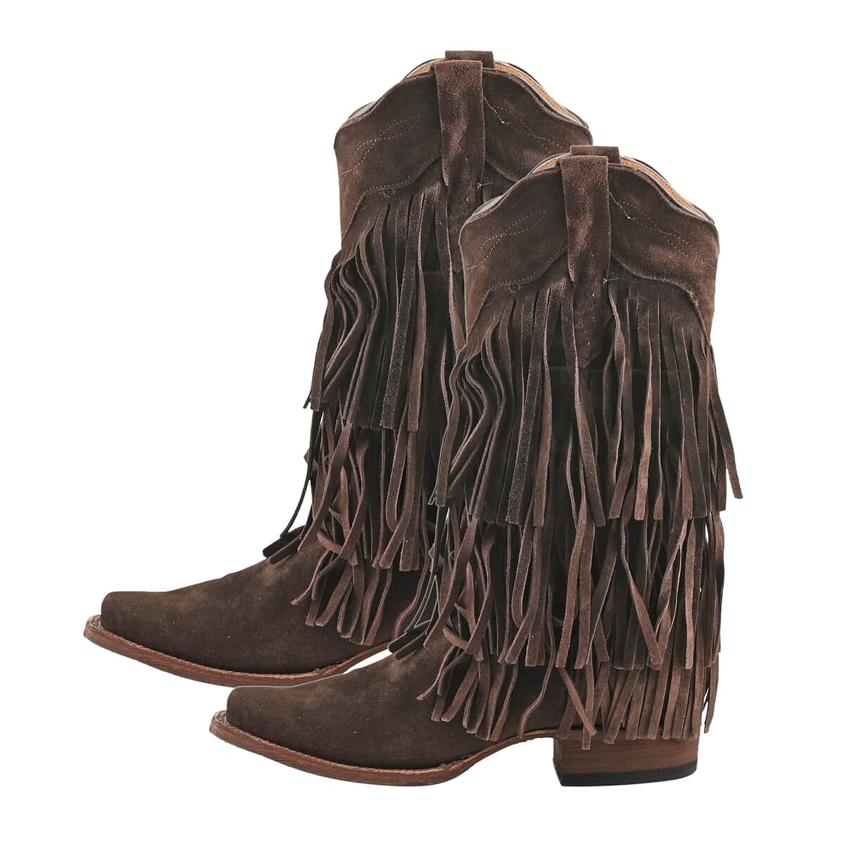 TANNER MARK 100% Genuine Suede Leather Western Style Square Toe Boot with Fringe - Brown - Size 9.5 image number 1